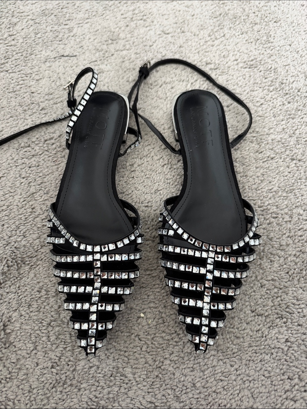 Black Embellished Pointed Slingback Flats with Crystal Accents